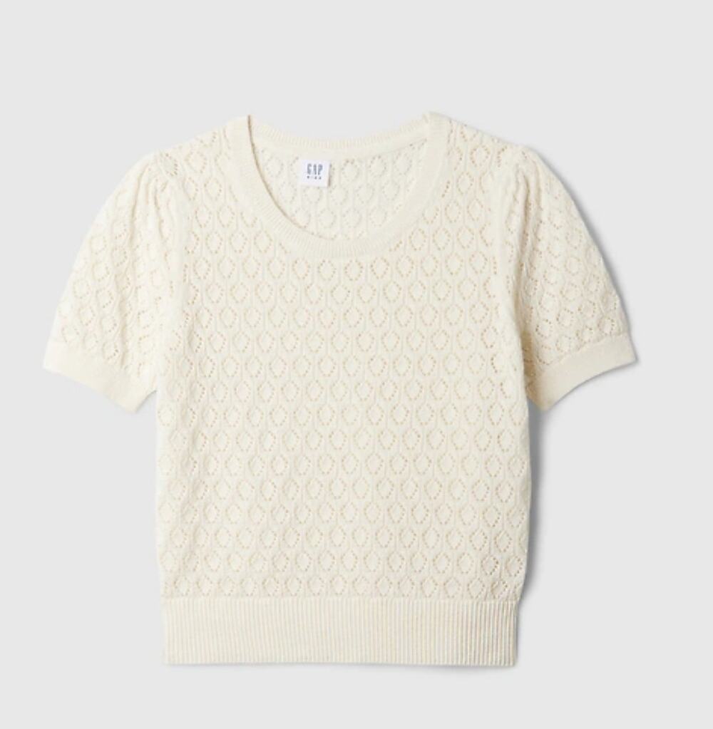 GAP | Ivory 100% Cotton Pointelle Puff-Sleeve Sweater | Size Medium